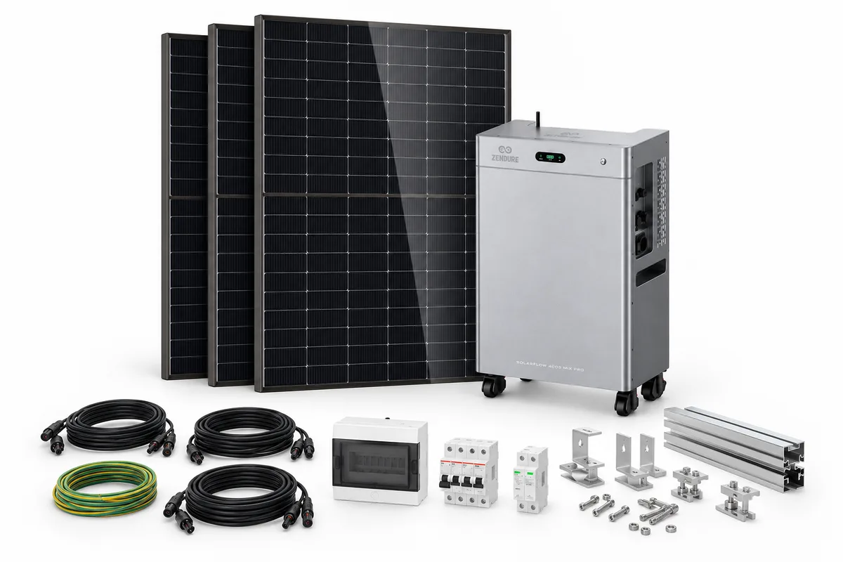 Panneaux DMEGC et un système Zendure SolarFlow 4000 Mix Pro avec batterie intégrée, avec représentation des fixations, câbles, connecteurs et protections